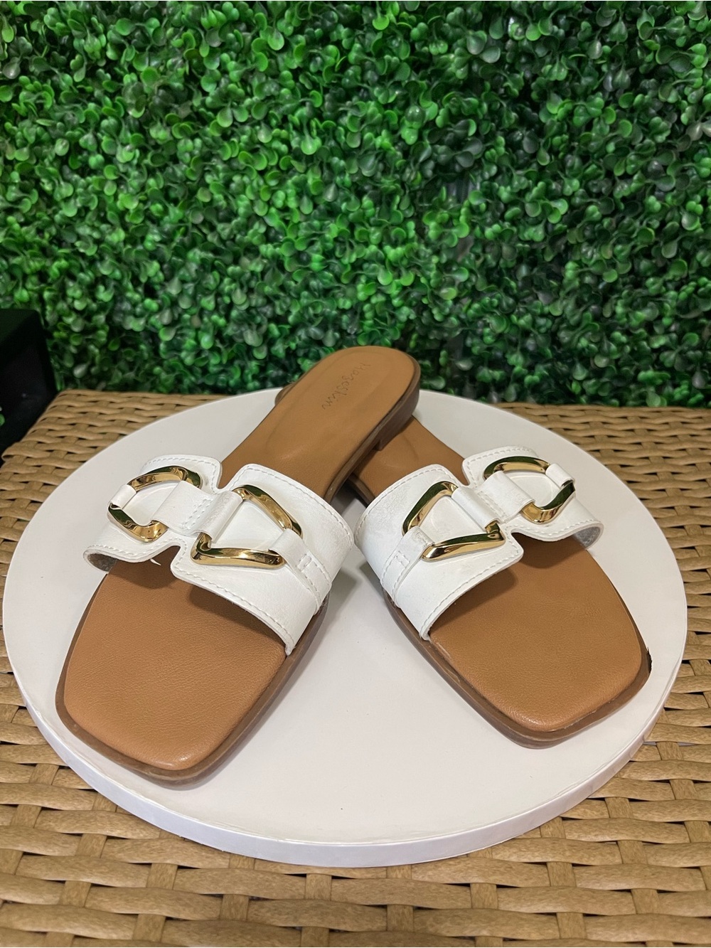 Women’s White Slide Sandals with Gold Buckle Accent